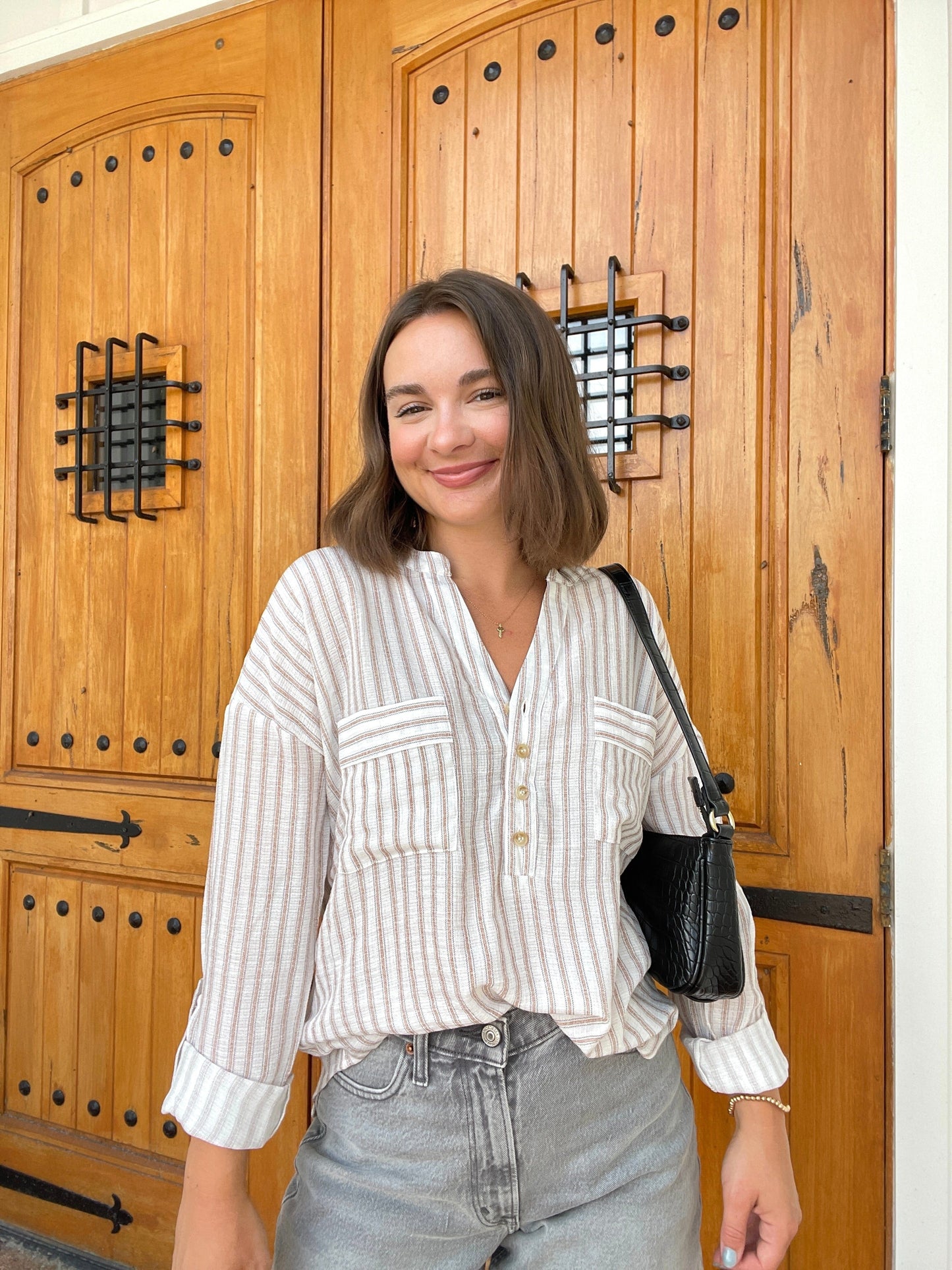 Simple Striped Split Neck Top