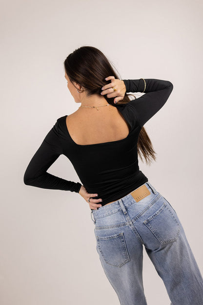 Black Square Neck Long Sleeve Top